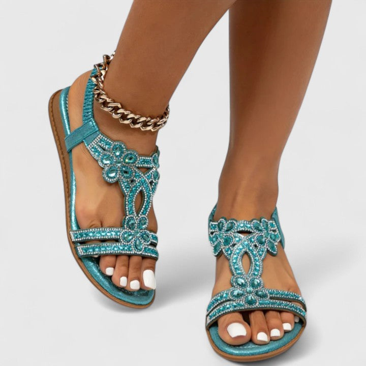 Open Toe Rhinestone Elastic Ankle Flat Sandals