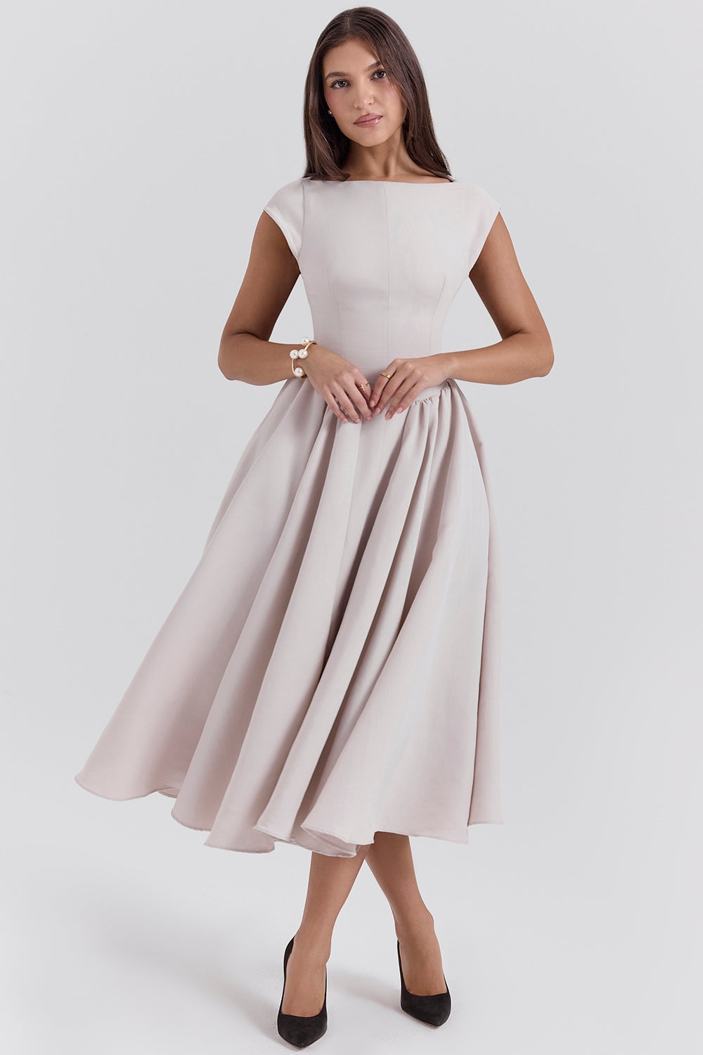 Boat Neck Cap Sleeve Drop Waist Full Skirt Midi Dress 3