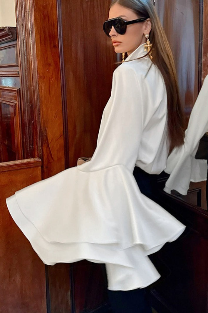 Satin Collared Tiered Ruffle Bell Sleeve Button Front Blouse 4