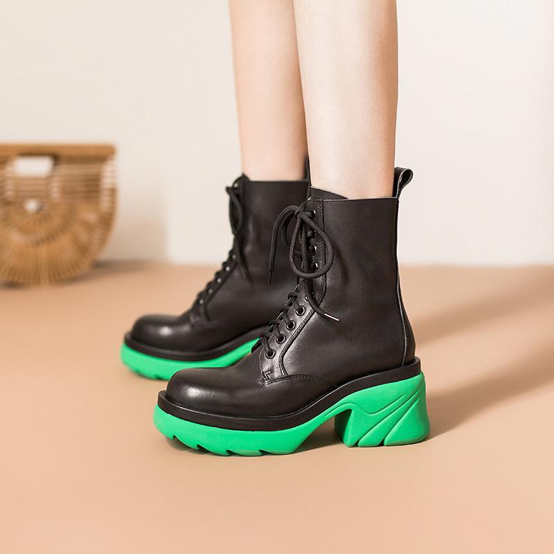 Colorful Sole Leather Boots Designer Retro Chunky Riding Boots High Heel Handmade