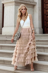 Tiered Sheer Mesh A-Line Maxi Skirt