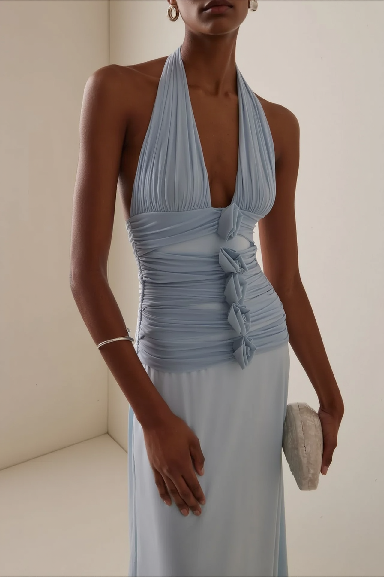 Elegant Blue Halter Deep V Backless Slit 3D Floral Party Dress