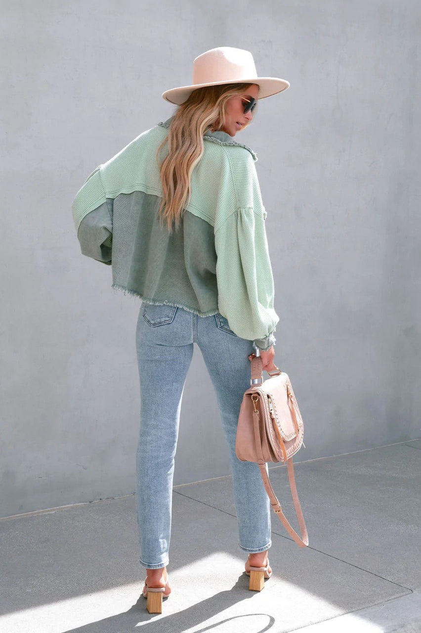 Waffle Knit Balloon Sleeve Frayed Trim Button Front Cropped Jacket 13