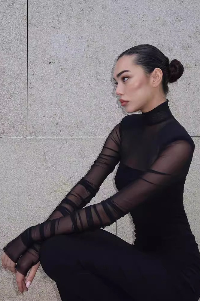Mesh High Neck Long Sleeve Ruched Bodycon Midi Dress