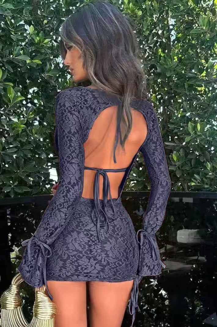 Lace Bralette and Cowl Neck Flare Sleeve Ruched Mini Dress Two Piece Set 12