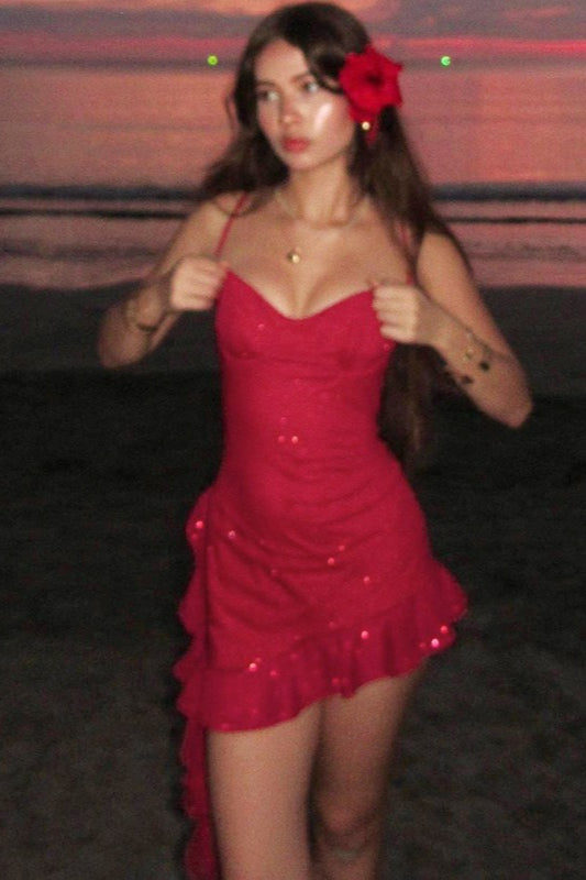 Glitter Spaghetti Strap Sweetheart Ruched Asymmetric Ruffle Hem Bodycon Mini Party Dress