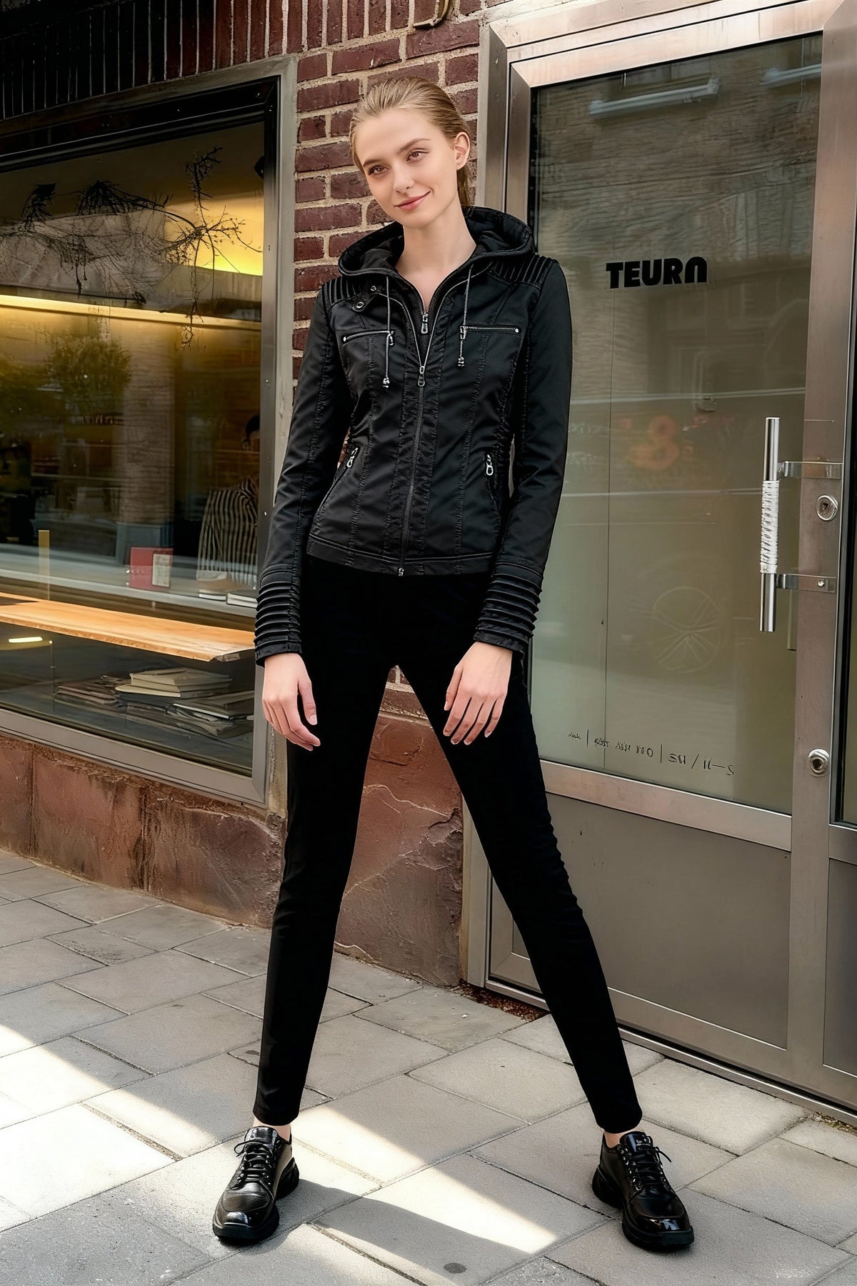 Hooded Zip Front Ribbed Cuff Faux Leather Moto Jacket 5