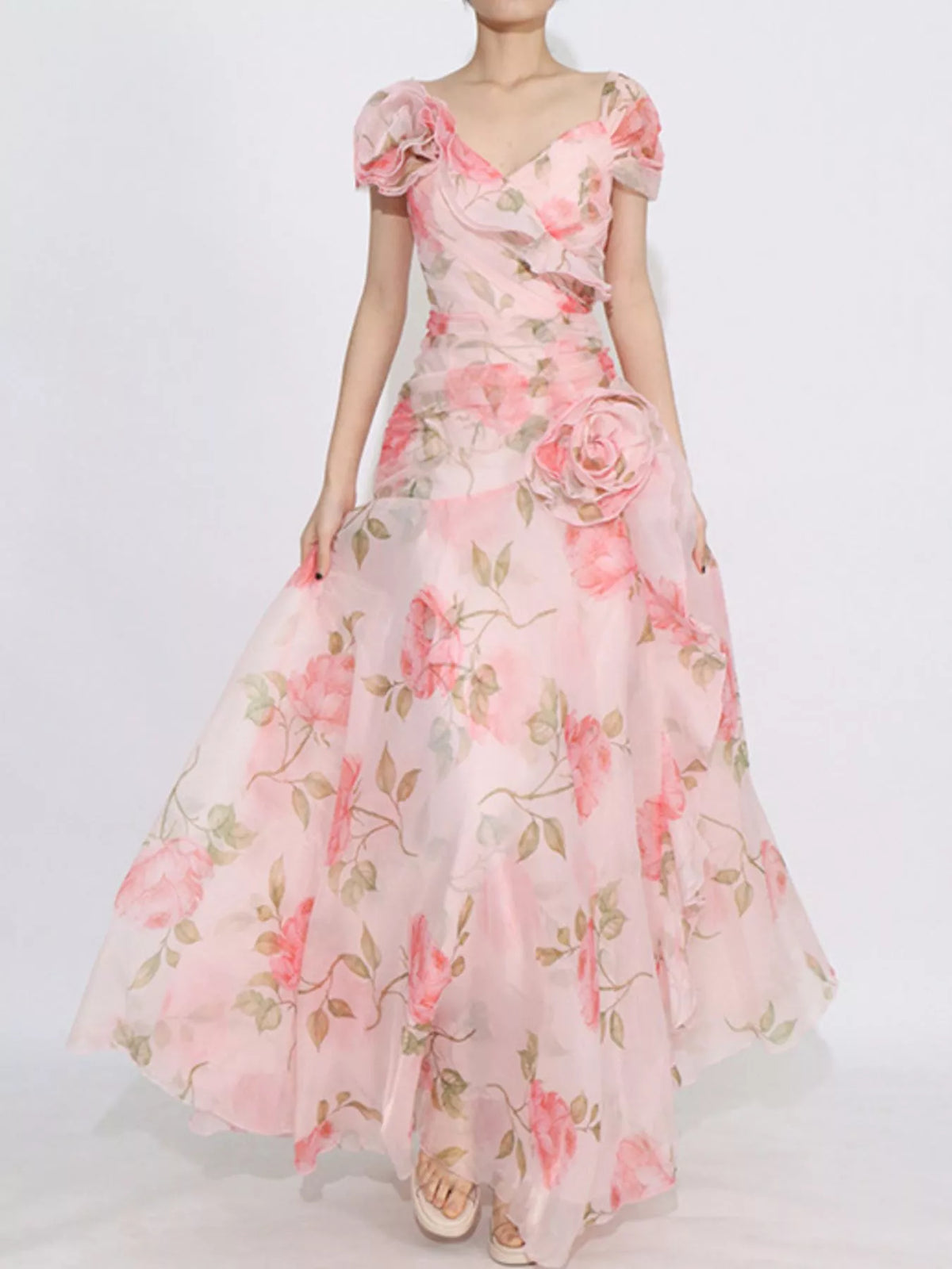 Floral Chiffon Rosette Ruffle Cap Sleeve Maxi Dress 7