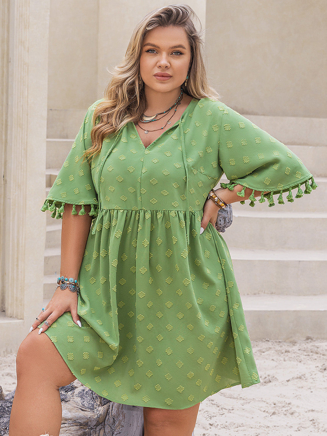 Plus Size Tied Tassel Half Sleeve Mini Dress Lime