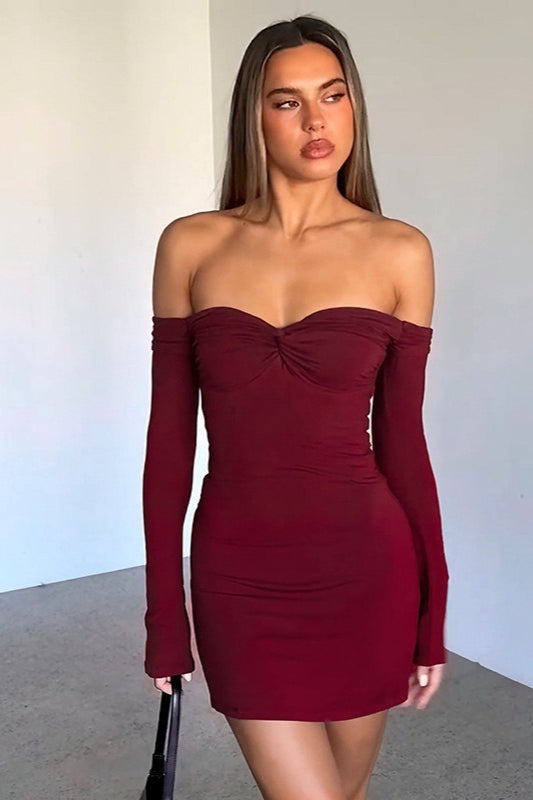 Off Shoulder Sweetheart Long Sleeve Twist Ruched Bodycon Mini Cocktail Dress