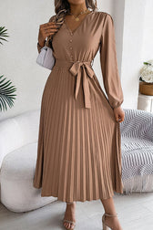 Solid Color Elegant V-neck Buttoned Lace-up Pleated Maxi Dress - View 8