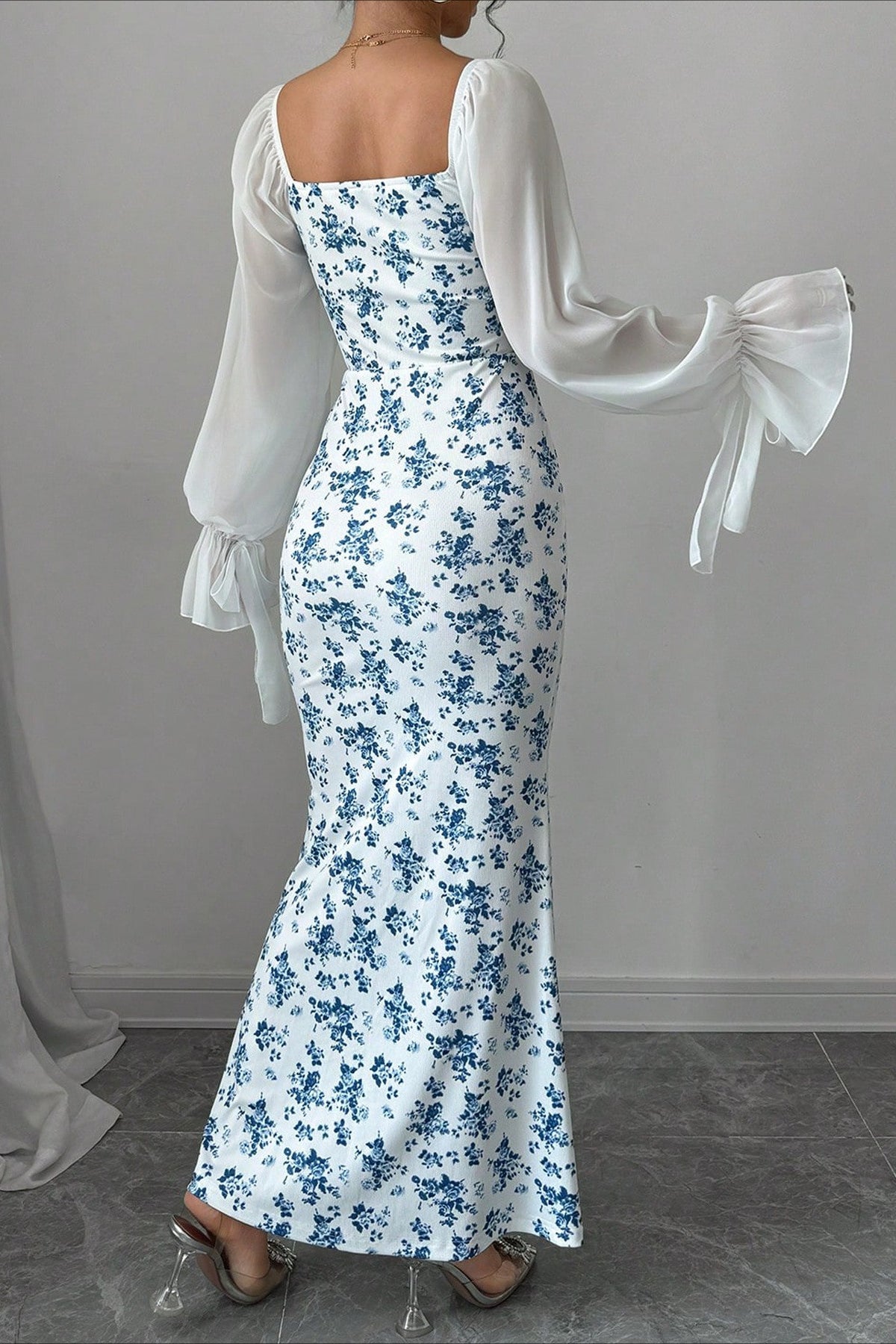 Floral Sweetheart Long Sleeve Ruched Mermaid Maxi Dress