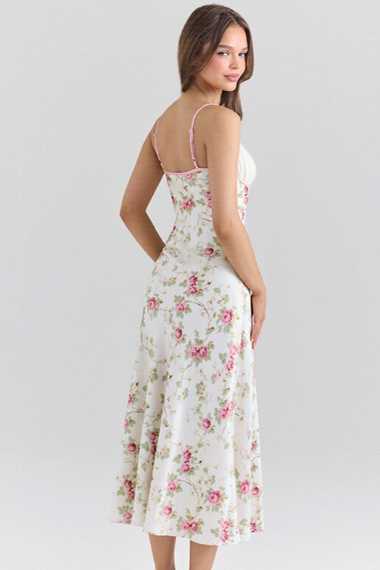 Floral Spaghetti Strap Lace Trim Sweetheart Slip Maxi Dress