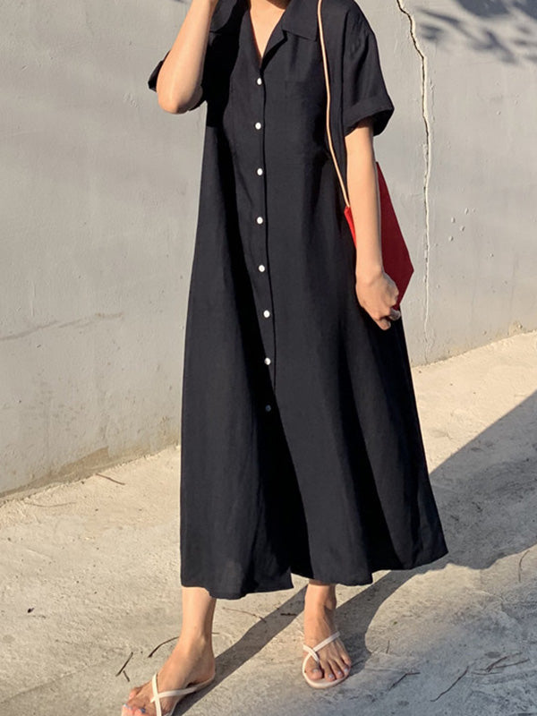 Notched Collar Button Front Patch Pocket Rolled Short Sleeve Maxi Shirt Dress