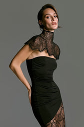 Lace Trim Strapless Cape Backless Slit Fit Lace Dress
