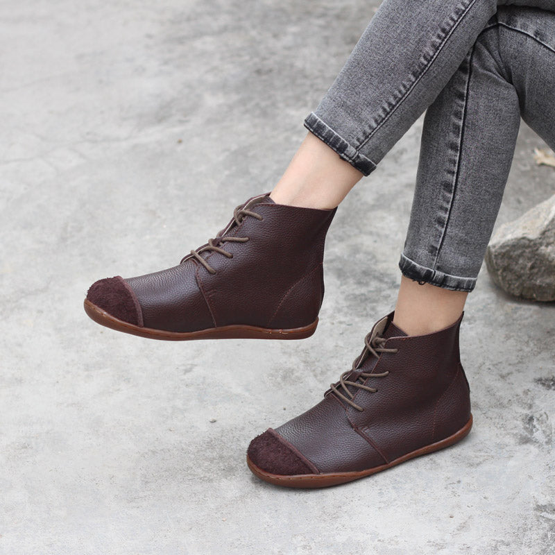 Nubuck Leather Ankle Booties Handmade Low-Heel Mori Girl Shoes Boots Coffee