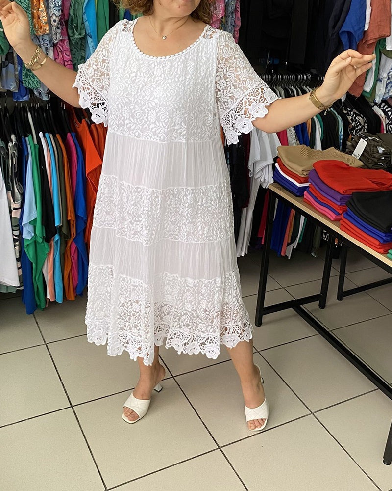 Solid Color Short Sleeve Lace Dress White S