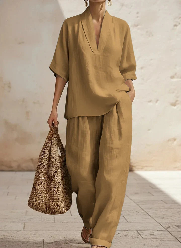 Deep V-Neck Short Sleeve Top and Wide Leg Pants Two Piece Set
