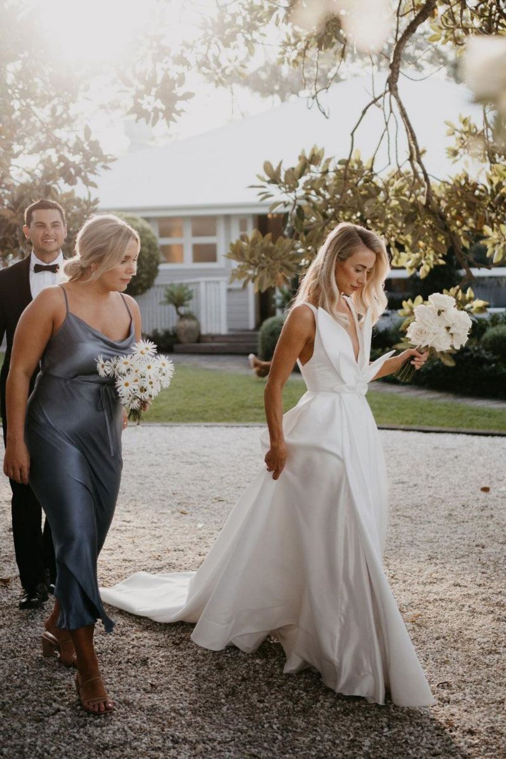 Hot A Line Deep V Neck White Wedding Dress with Bowknot