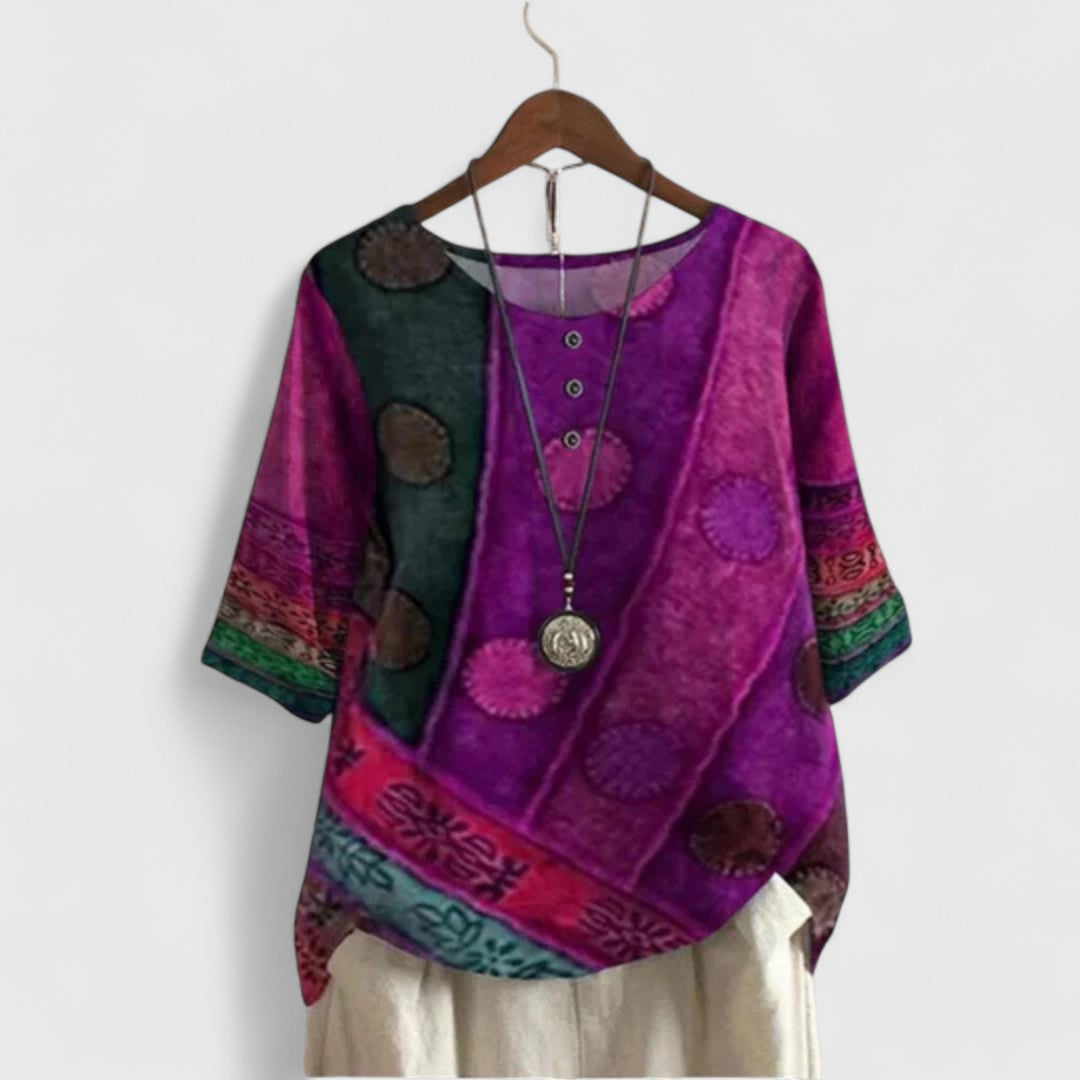 Round Neck Half Sleeve Polka Dot Patchwork Print Top
