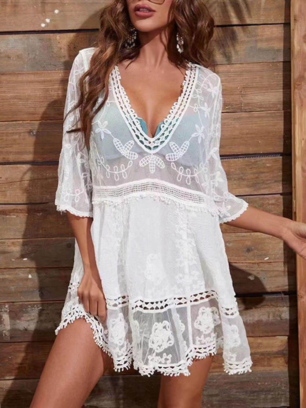 Loose Lace Beach Vacation Bikini Cover-Up Dress White F