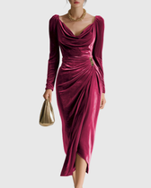 Velvet Cowl Neck Long Sleeve Ruched Wrap Midi Dress