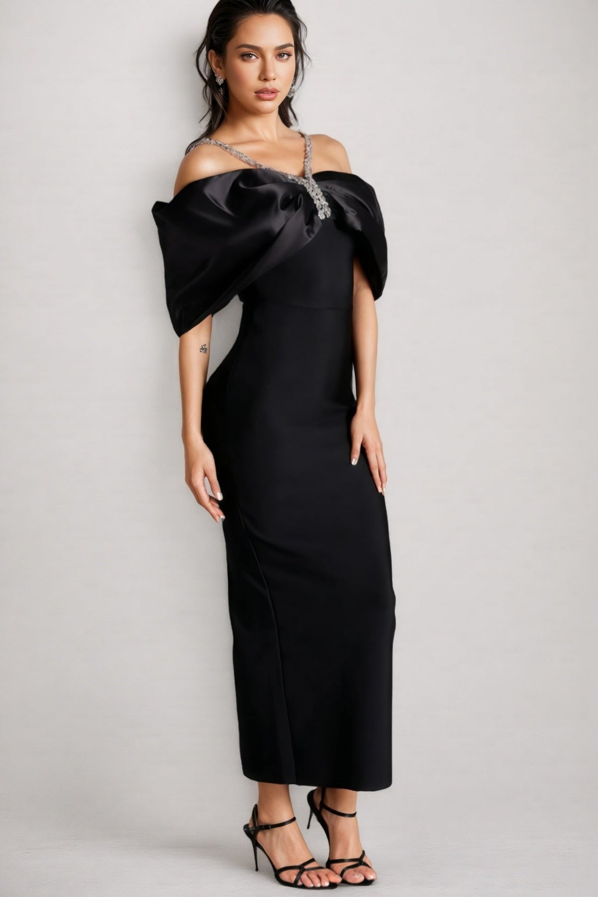 Off Shoulder Satin Bow Rhinestone Halter Strap Bodycon Maxi Dress 2