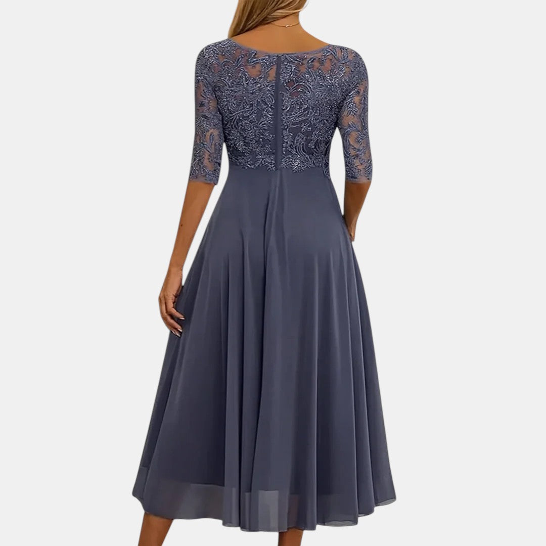 Lace Bodice Round Neck Half Sleeve Chiffon Midi Dress