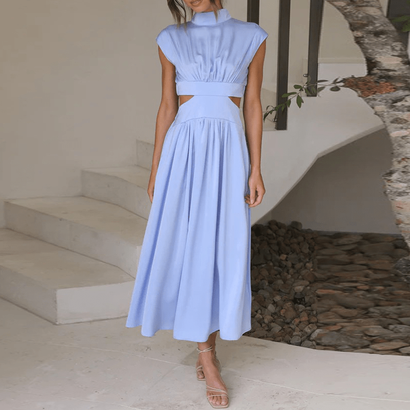 Mock Neck Cap Sleeve Cut Out Waist Pleated Midi Dress