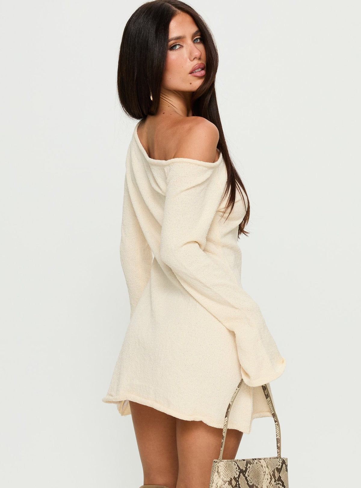 Knit Off Shoulder Long Flare Sleeve Mini Sweater Dress 4