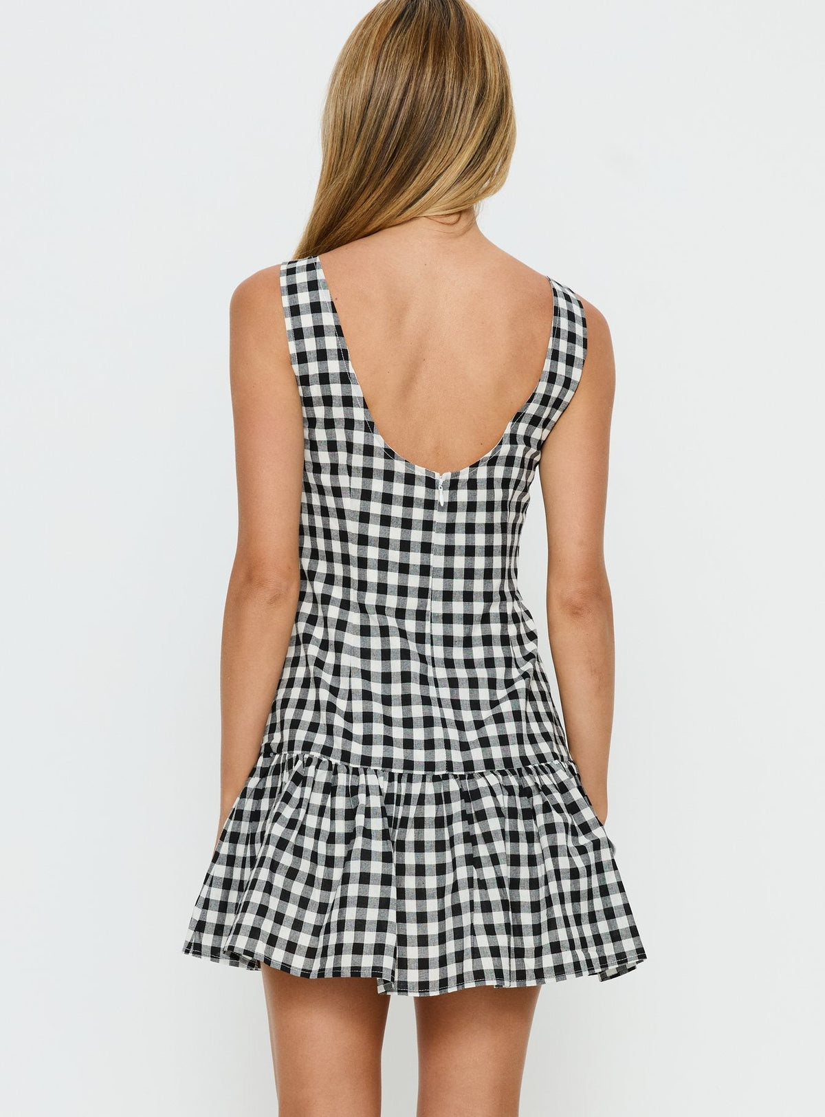 Gingham Boat Neck Button Front Sleeveless Ruffle Hem Mini Dress 3
