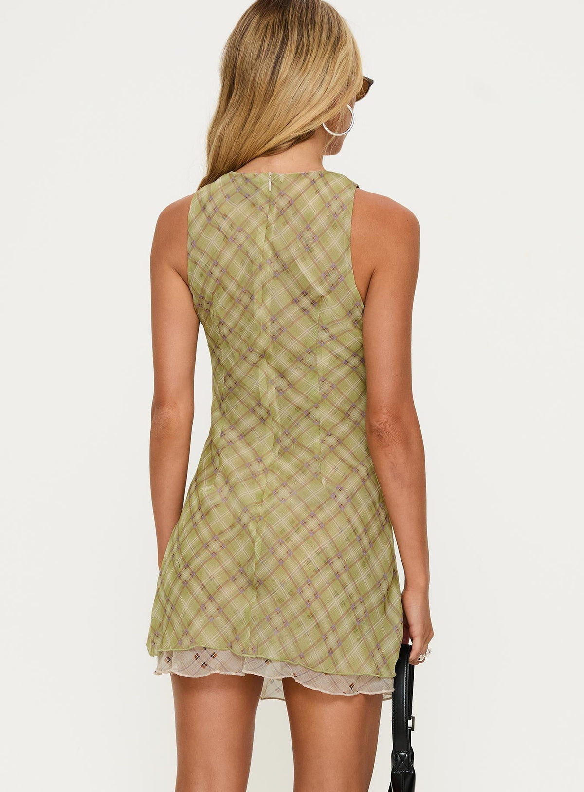 Plaid Mesh Sleeveless Crew Neck Layered Hem Shift Mini Dress 5