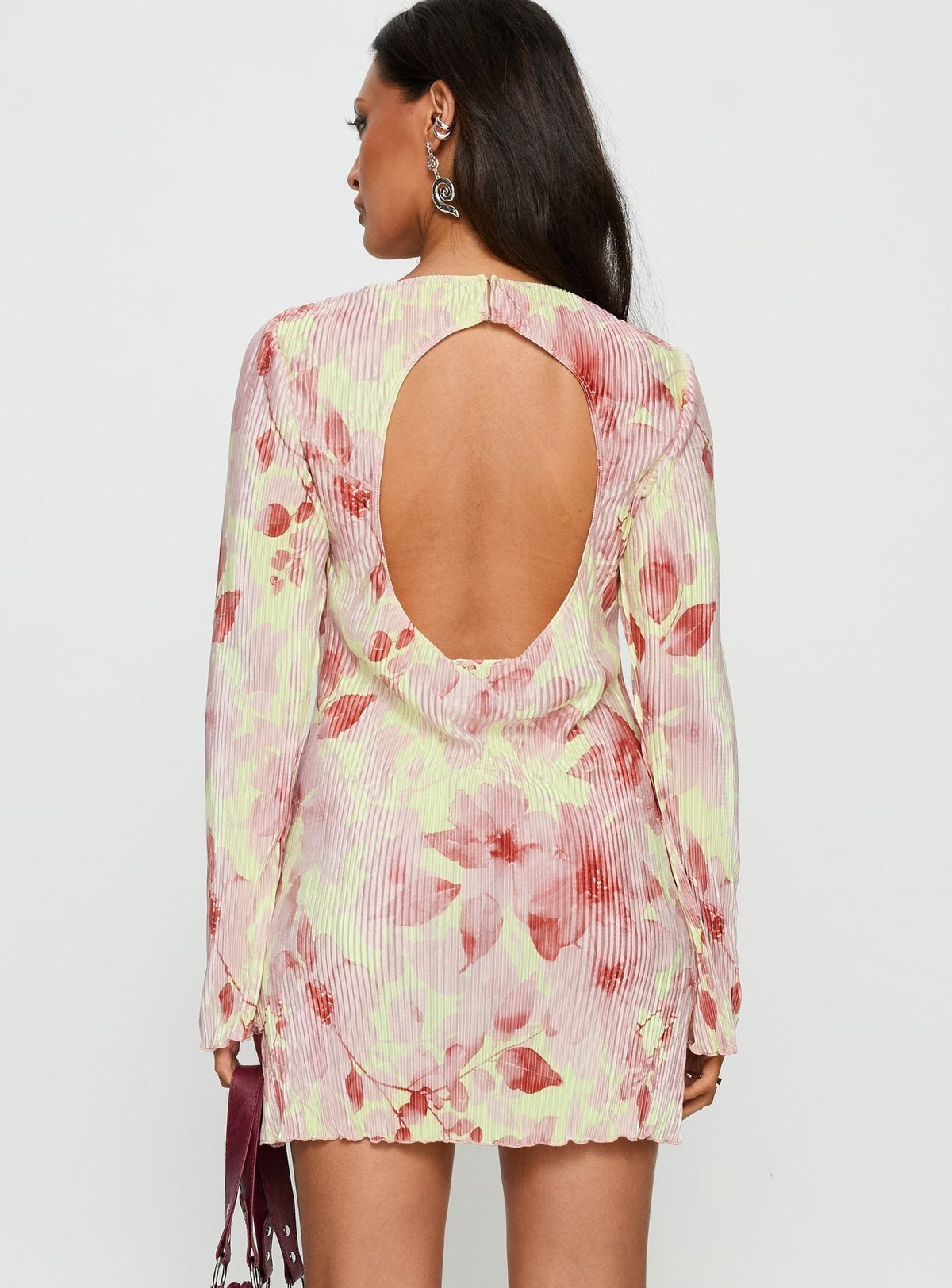 Floral Plisse Boat Neck Flared Long Sleeve Shift Mini Dress 4