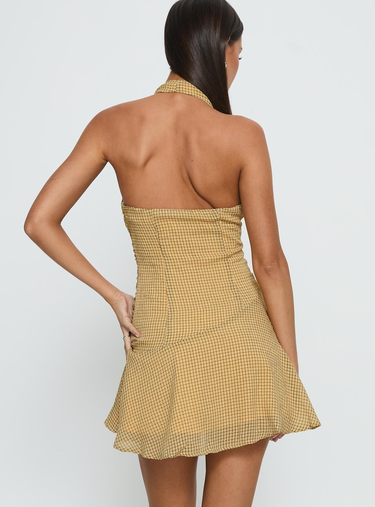 Sayla Halter Ruched Mini Dress Yellow Check