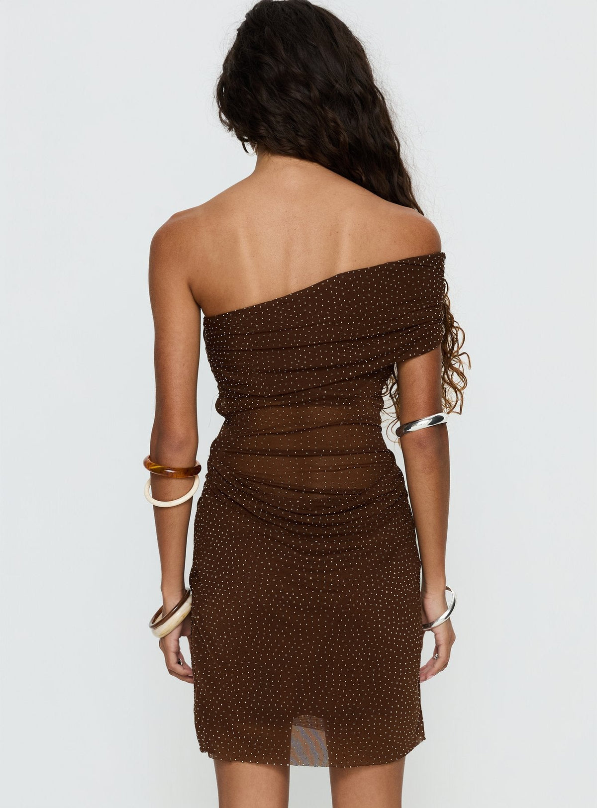 Sheer Shimmer Mesh Off Shoulder Draped Bodycon Mini Dress 5