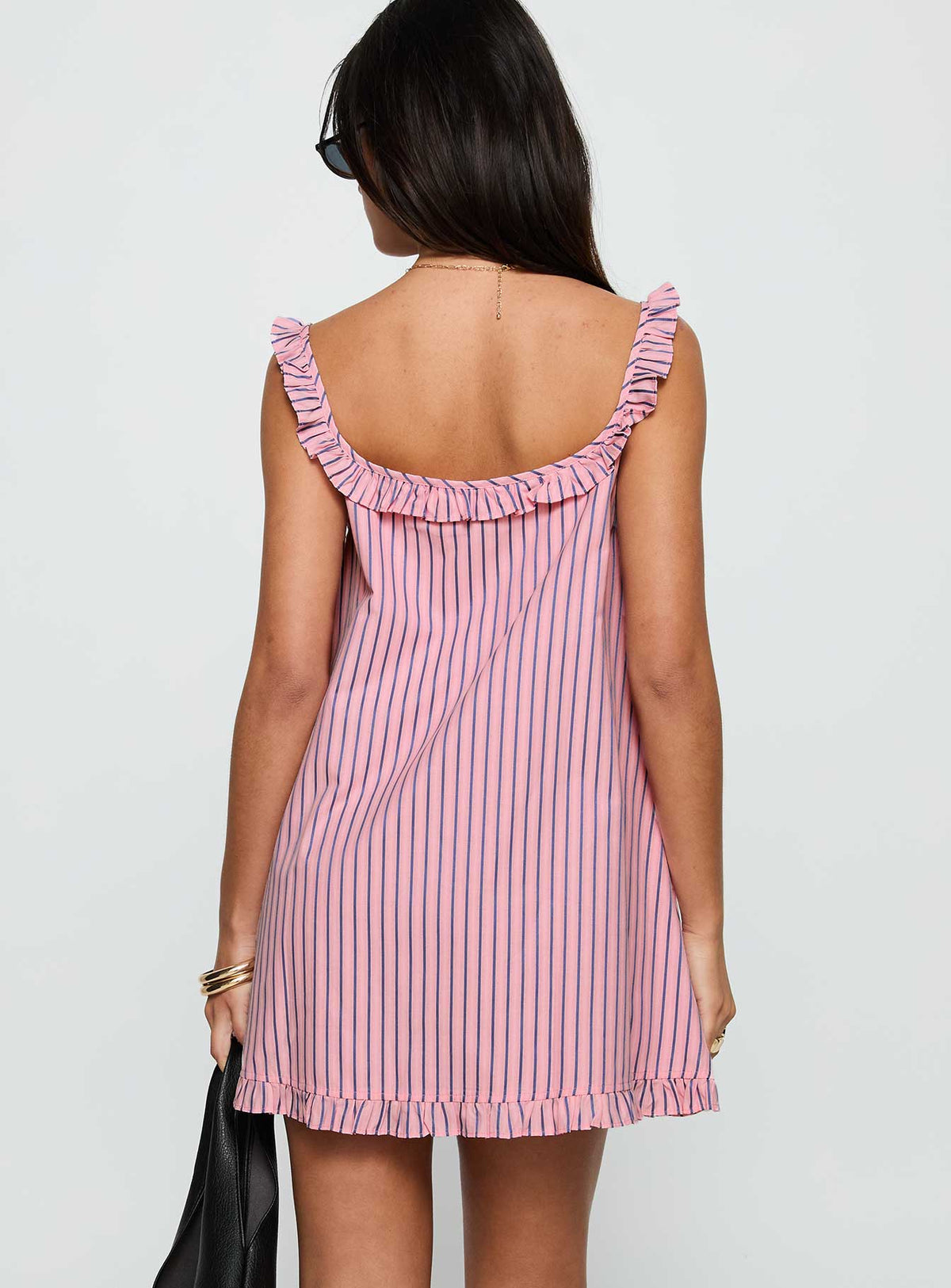 Striped Ruffle Trim Square Neck Tie Front Babydoll Mini Dress 5