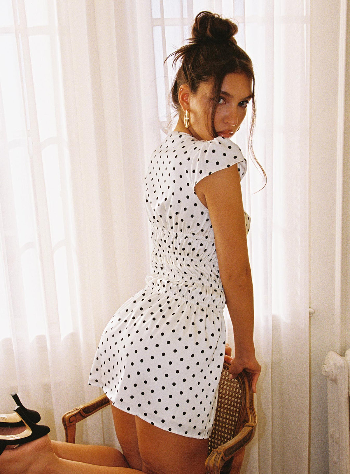 Polka Dot Square Neck Cap Sleeve Ruched Waist Mini Dress 4