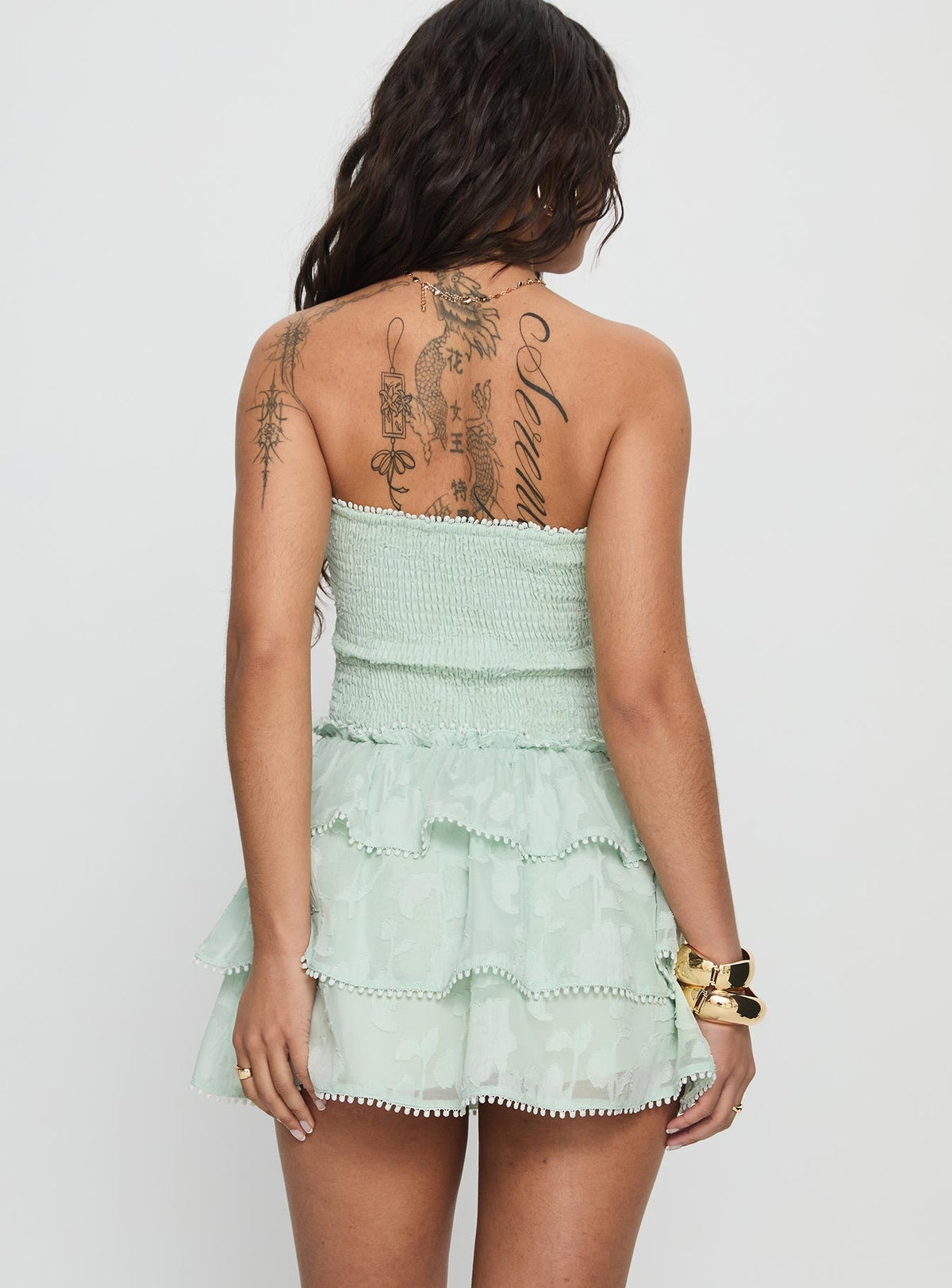 Strapless Smocked Bodice Tiered Ruffle Floral Burnout Mini Dress 4