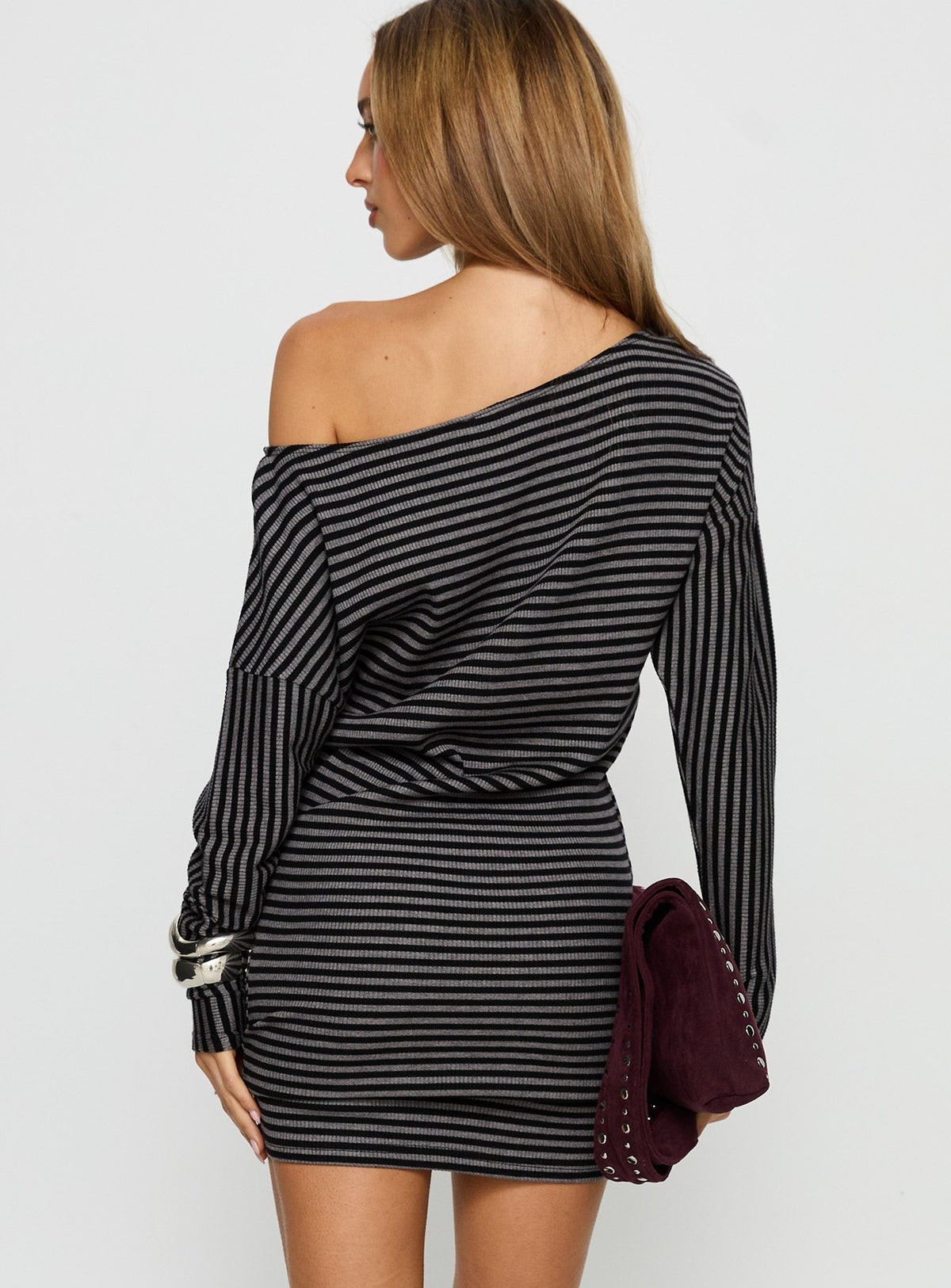 Striped Knit Off Shoulder Long Sleeve Bodycon Mini Dress 5