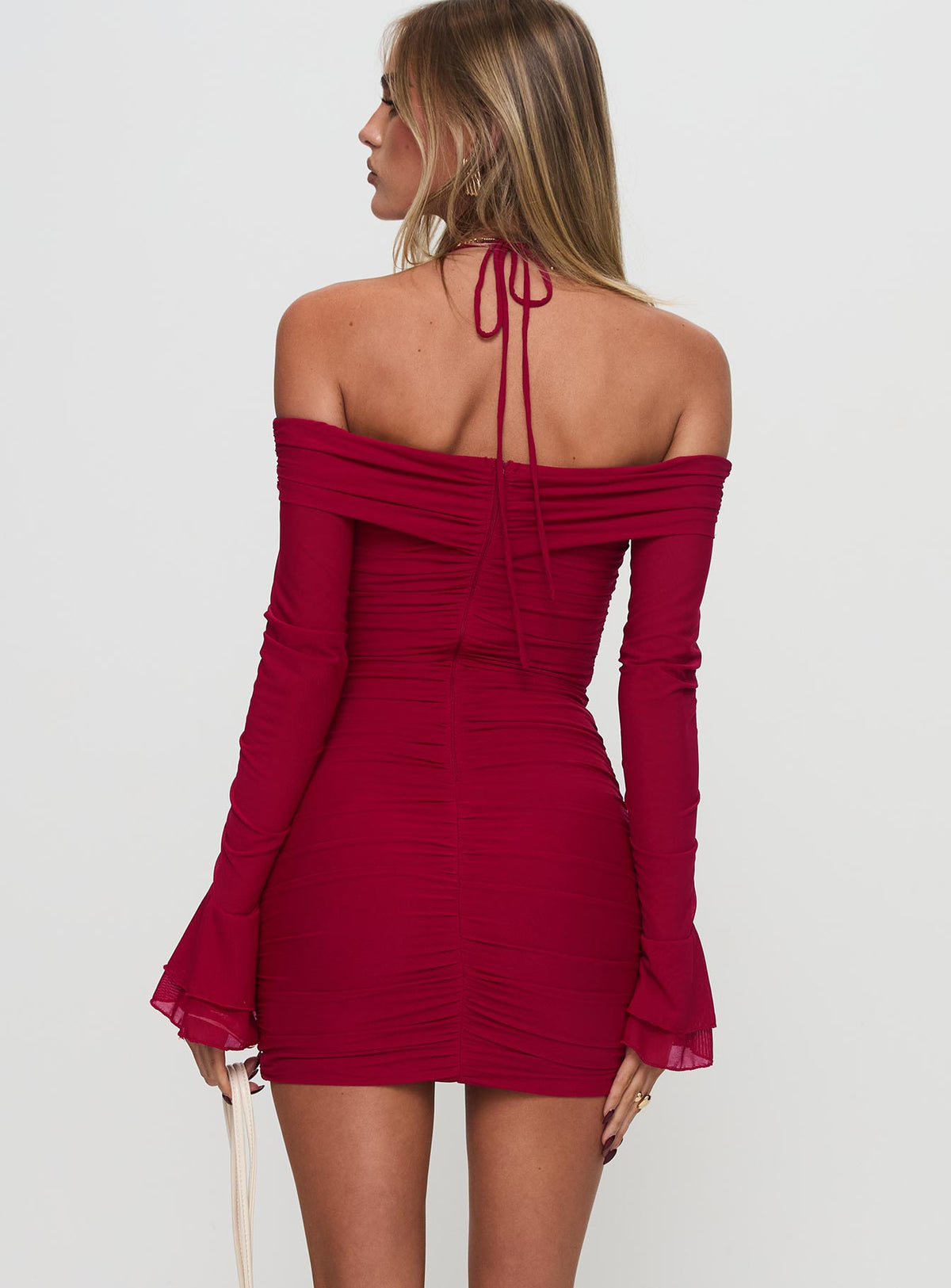 Off Shoulder Flare Sleeve Ruched Mesh Bodycon Mini Dress 5