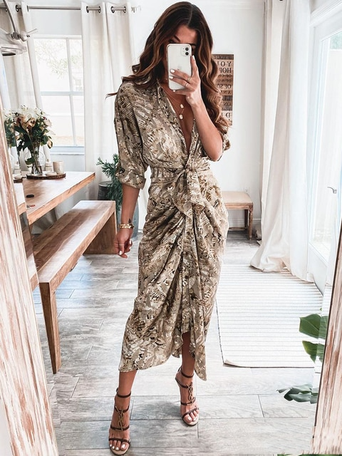 Wrap V-Neck Long Sleeve Tie Waist Button Front High Low Midi Dress