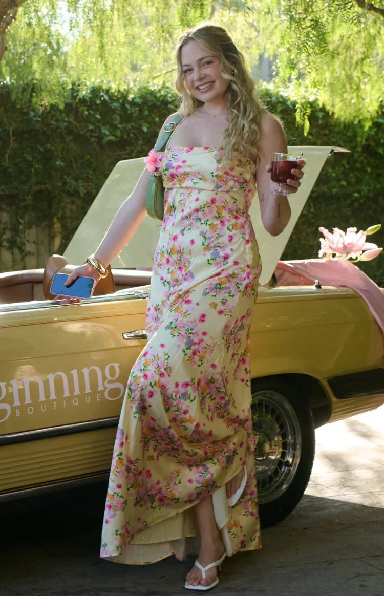 Floral Print Satin Cowl Neck Strappy Lace Up Back Maxi Dress 11