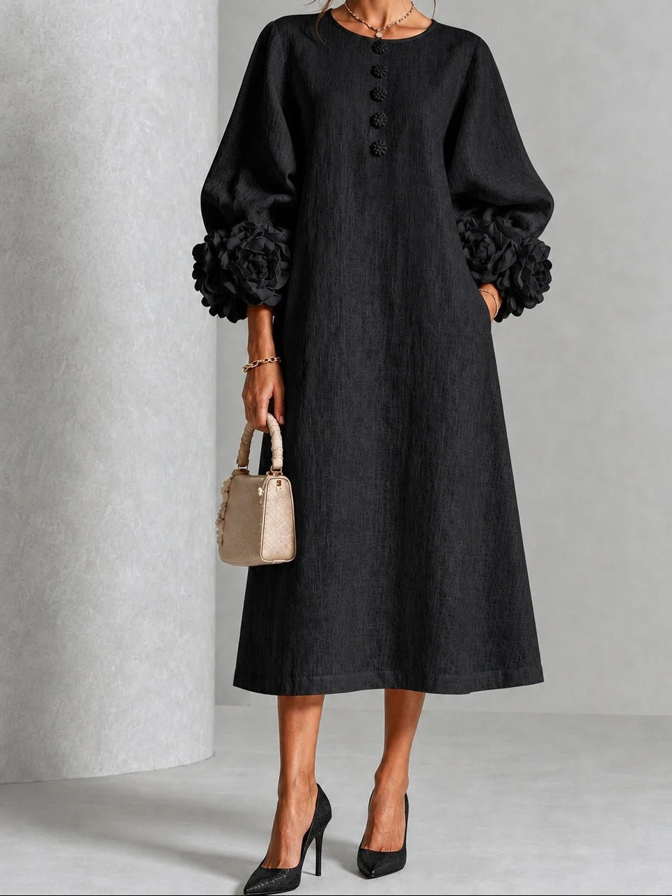 Round Neck 3D Floral Cuff Button Front Midi Dress