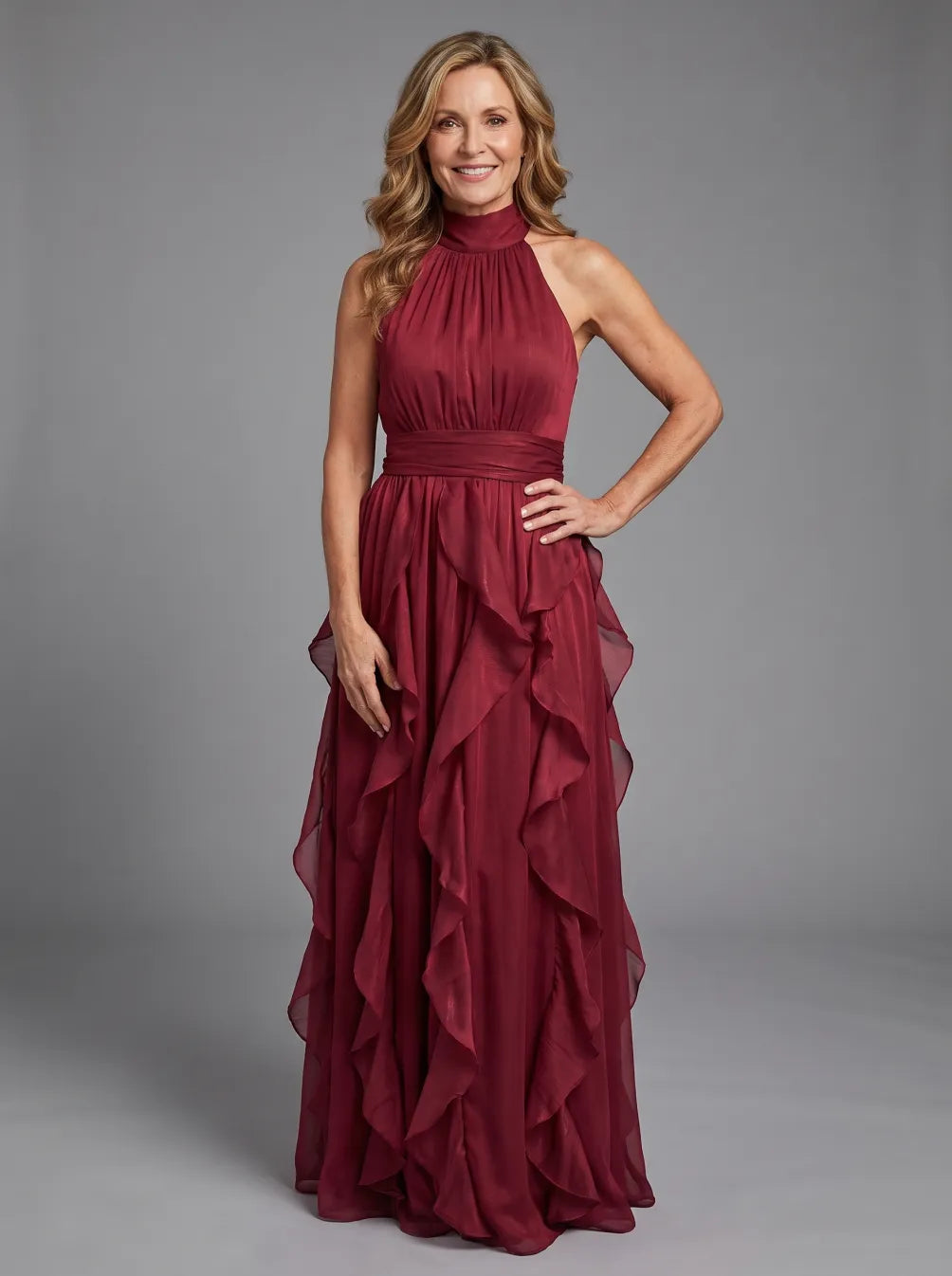 Halter Neck Cascade Ruffle Chiffon Maxi Gown