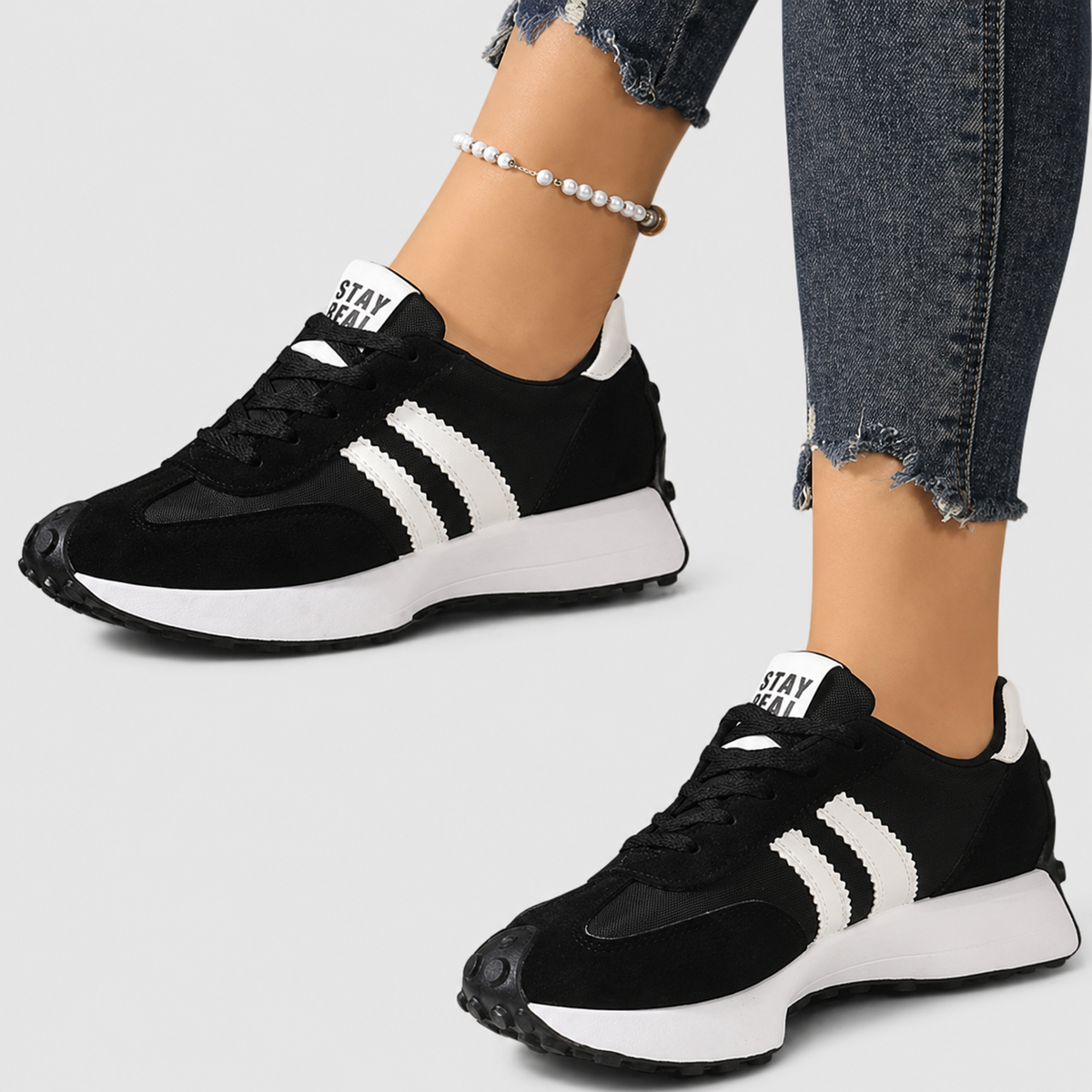 Lace Up Suede Look Side Stripe Retro Sneakers