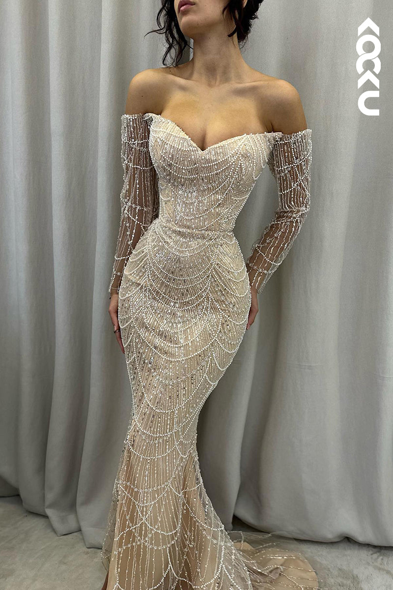 L2876 - Gorgeous & Charming Off-Shoulder Long Sleeves Fully Beaded Mermaid Prom Dress