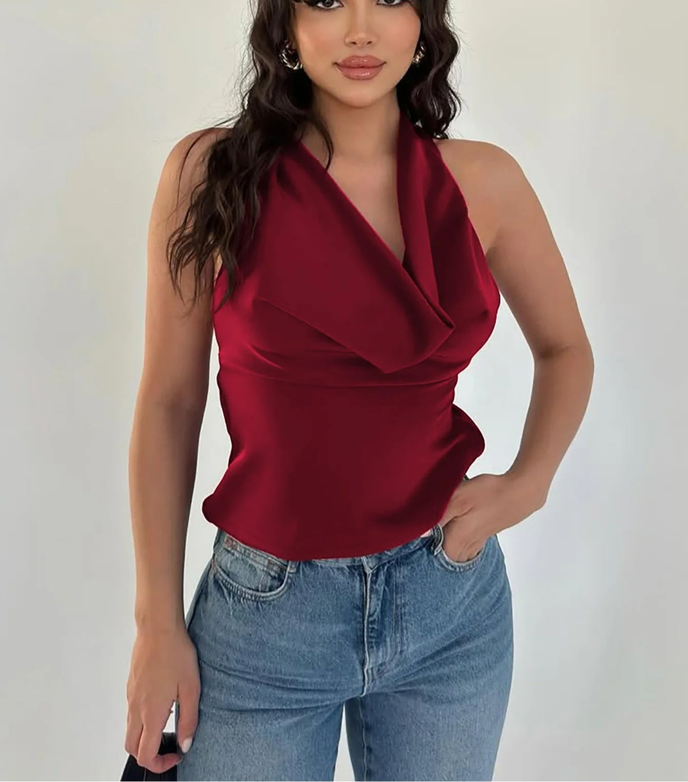 Halter Lace Up Ruched Solid Cami Top