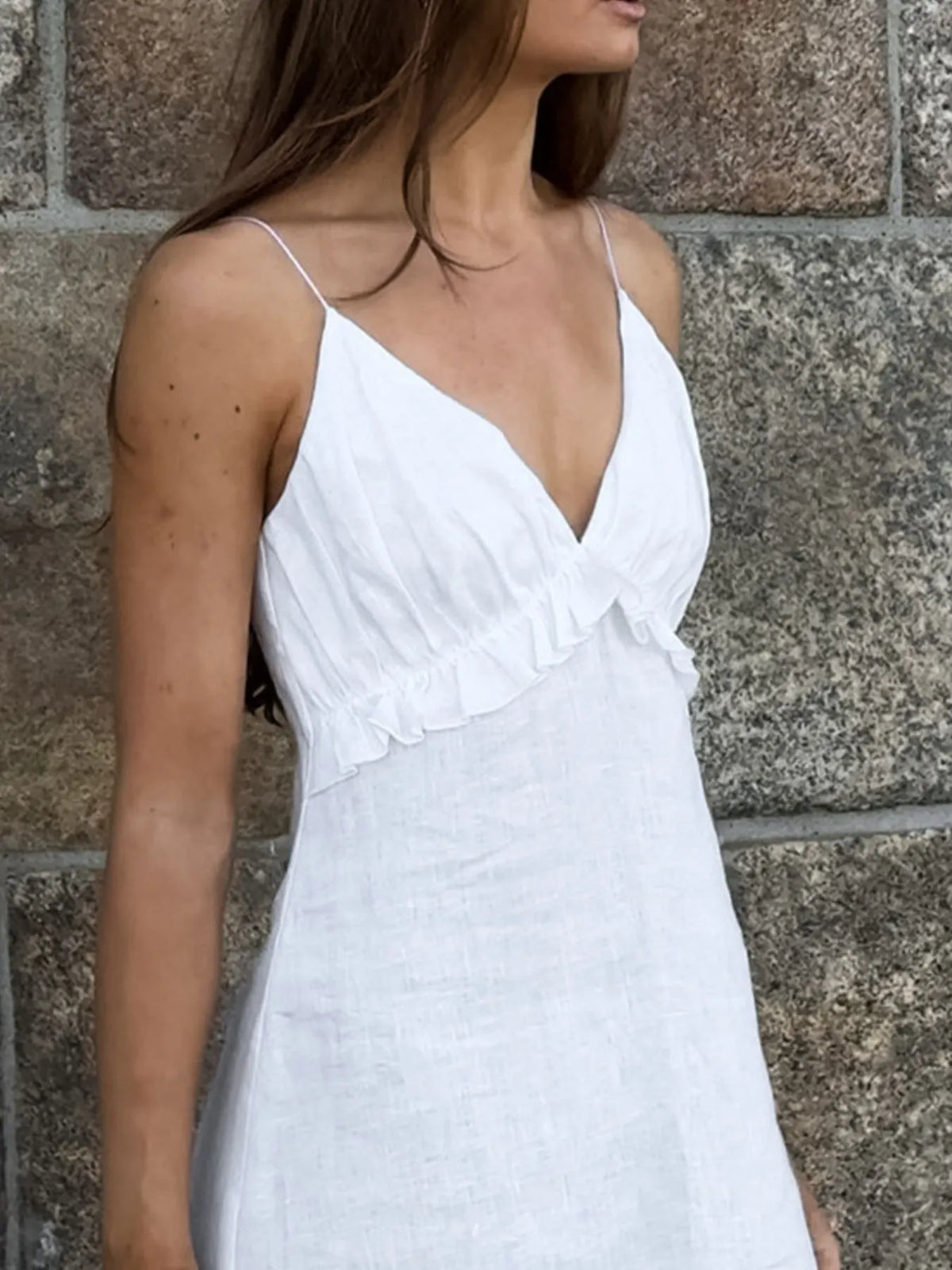Deep V-Neck Spaghetti Strap Ruffle Trim A-Line Maxi Dress 5