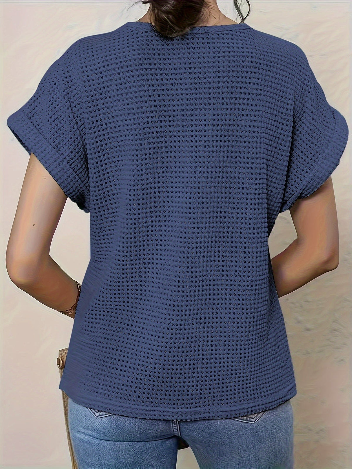 Crochet Lace Panel Round Neck Short Sleeve Waffle Knit Top