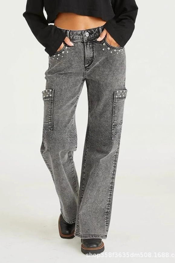 Y2K Pearl Embellished High Waist Boyfriend Straight Jeans